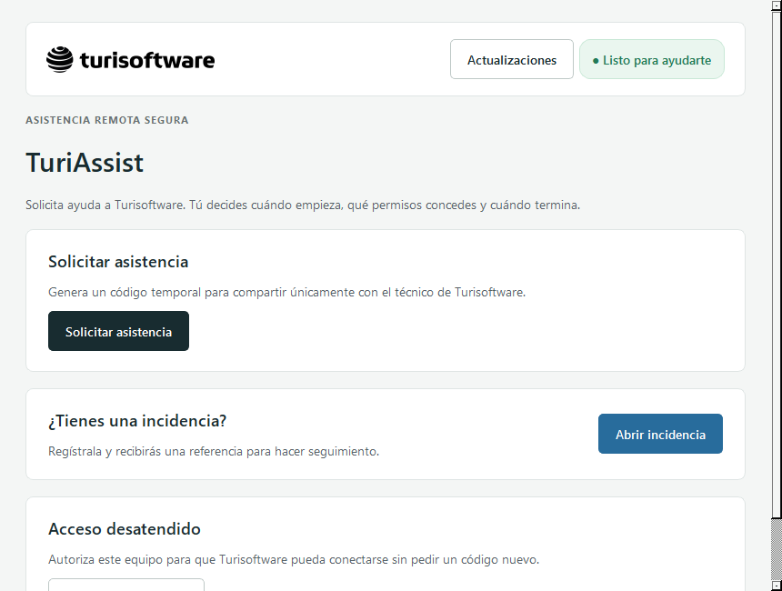 Interfaz de TuriAssist con las opciones Solicitar asistencia y Abrir incidencia